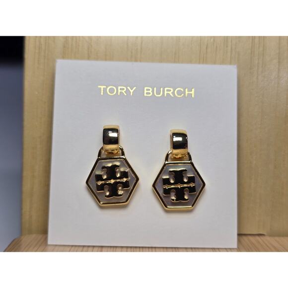 Tory Burch Mother-of-Pearl Hexagon Geo Drop Earrings NWOT - Picture 1 of 3